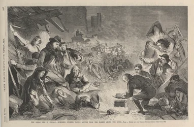 A nagy chicagói tűzvész – hajléktalan polgárok menedéket keresnek a lángok elől a romok között, illusztráció: Frank Leslies Illustrated Newspaper, 1871